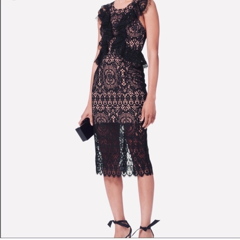 Alexis Black Lace Ruffle Sleeveless‎ Illusion Midi Dress Sz Small